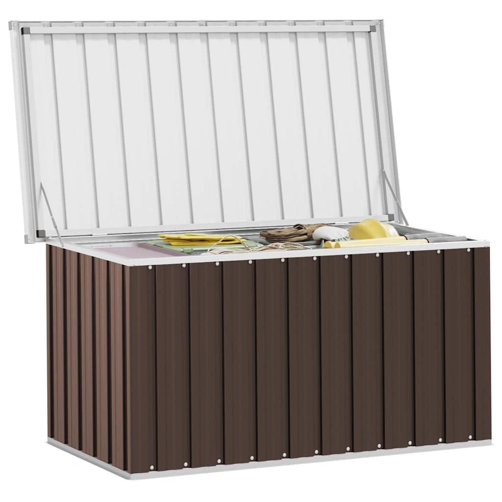 Contenitore da giardino marrone in acciaio zincato, 129 x 67 x 65 cm, con coperchio impermeabile, resistente alle intemperie, richiudibile, con funzione di seduta, per balcone, terrazza e