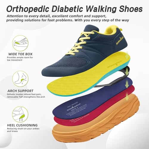 Men's Orthopedic Diabetic Wide Tennis Shoes: Fit Plantar Fasciitis Orthotic Arch Support Heel Spur Bunions Recovery Sneakers, Comfort Fashion Travel Sport Road Running Shoes Dark Blue Size 93