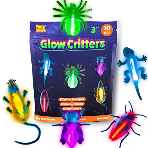 PartySticks Glow Critters 30pk Glow in The Dark Bug Toys and Glow Sticks - 3 Inch Fake Bugs Party Favors, Glow in The Dark Party Decorations - 10 Light Up Fake Toy Bugs, 20 Mini Glow Sticks