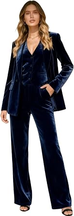 Womens 3 Piece Velvet Pant Suit One Button Business Tuxedos Suit with Vest Wedding Office Work Outfit Dark Blue 14
