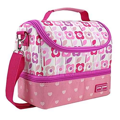 LANCHEIRA TÉRMICA ESCOLAR ALÇA AJUSTÁVEL 2 COMPARTIMENTOS BOLSO MENINA JACKI DESIGN FLOR ROSA