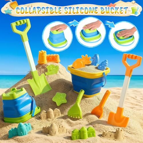 HUITEM Beach Sand Toys for Kids with 20 in Long Beach Shovels, 2 Collapsible Bucket, Sand Castle Building Kit, Sand Molds, Mesh Bag, Travel Sandbox Toys Beach Essentials for Kids Age 3-10