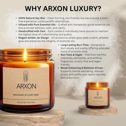 Image of Arxon Aromatherapy Soy Wax Scented Candle | Sleep /Destress - Focus /Meditate - Relax /Calm - Refresh /Rejuvenate | 100g Each, 30Hrs Burn Time | Corporate Gifting Mahogany & Clary