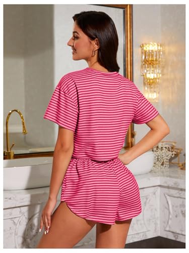 Image of OYOANGLE Womens Pajama Sets 2 Piece Sexy Lounge Sets Summer Cute Pjs Striped Print Tee and Side Split Shorts Set