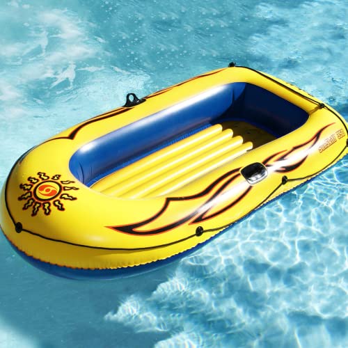 Solstice Inflatable Boat Rafts 3 Person For Adults & Kids Comes W/ Pole Oar Holders Cushioned Comfortable Base Grab Line 8 Ft Size Sunskiff Kits Dinghy Air Floor Yellow #TOP6