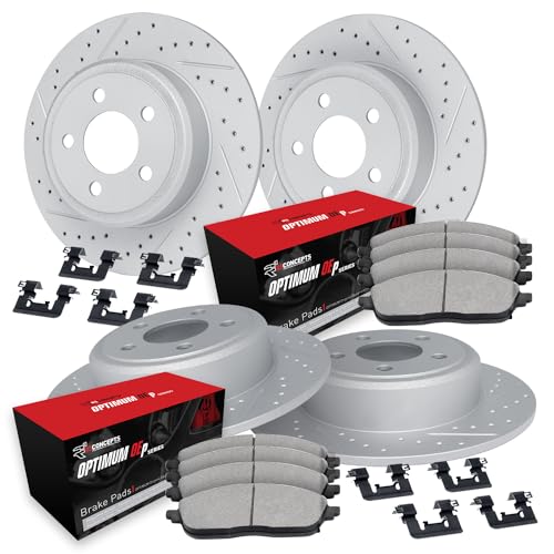 Image of R1 Concepts Front and Rear Brake Kit| Hardware| Optimum Oep Brake Pads and Drilled Slotted Brake Rotors| WBUH2-21006 | 13.8 inch Front & 13.4 inch Rear