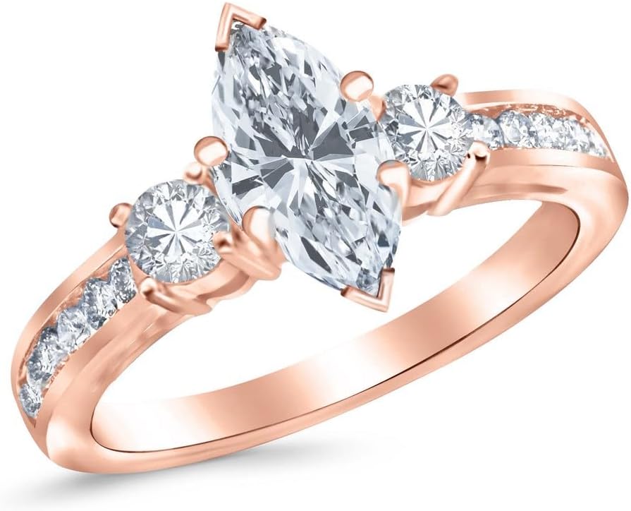 Houston Diamond District 1.5 Carat LAB GROWN DIAMOND Channel Set 3 Three Stone Marquise Cut Diamond Engagement Ring (G-H Color VS1-VS2 Clarity 0.75 Ct Center)