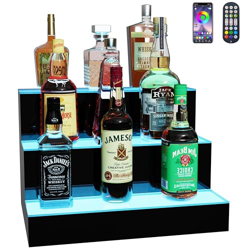 Image of MESAlLUP Acrylic 16 Inch 3 Tier LED Liquor Bottle Display Shelf, Lighted Bar Shelves with APP or Remote Control, Mulit Color Lighting for Home Mini Bars Decor, Restaurants & Party Use