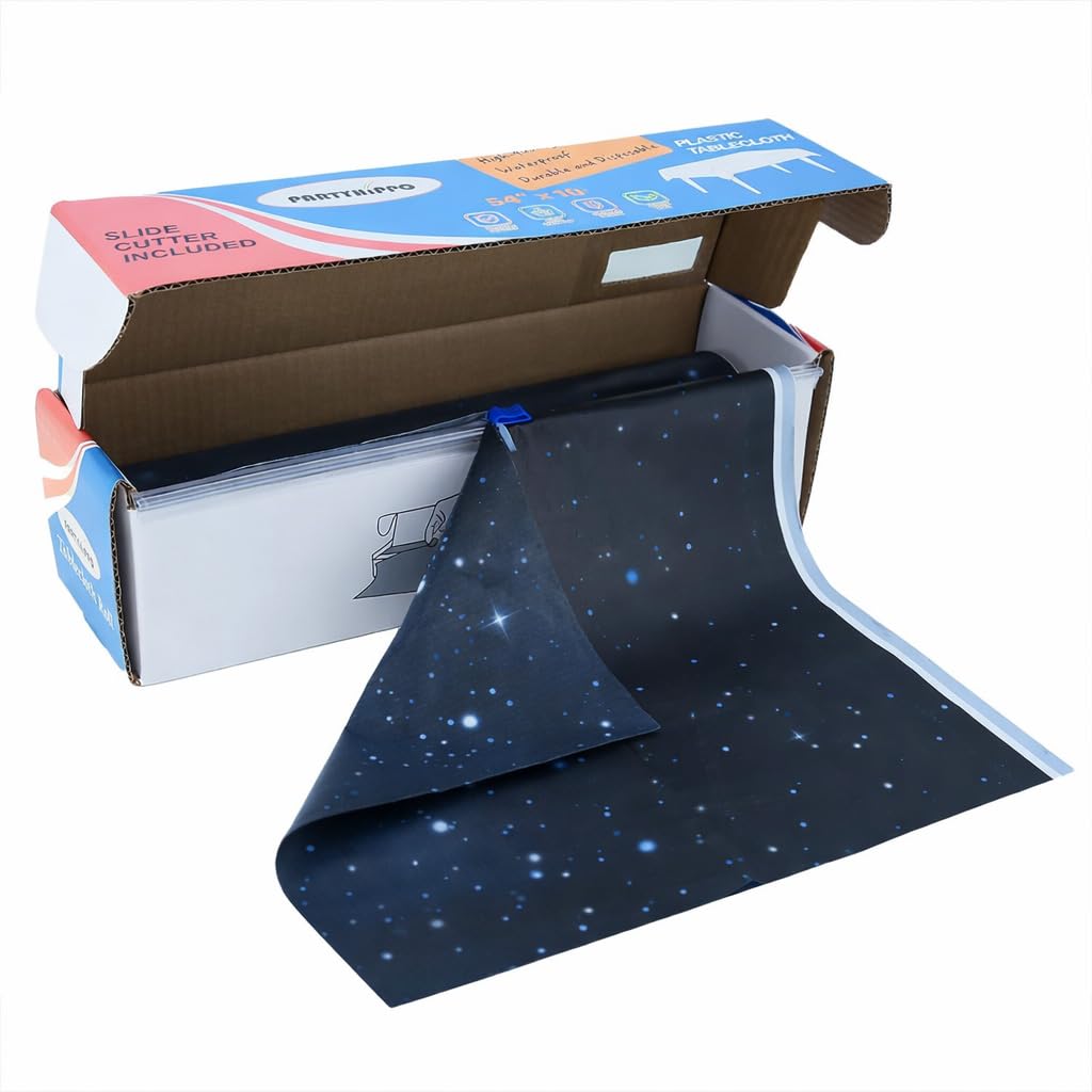 Rollo de mantel de plástico, manteles de plástico desechables de 54 x 100 pies para fiestas, con caja cortadora, mantel desechable cortado a medida para rectángulo y redondo (cielo