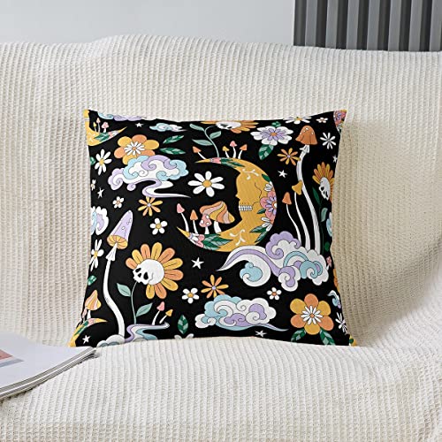 Psychedelic Floral Reversible Throw Pillow Covers Cases For Groovy Flower Skull Throw Pillowcases For Sofa Couch Chair 70S Hippie Flowers Bohemian Black Square Cushion Covers Set Of 2 16 X 16-Inch #TOP1
