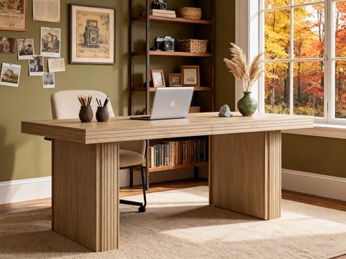Tribesigns Modern Office Desk Home Office Table with Wide Fluted Legs Modern Desk for Home Office Natural