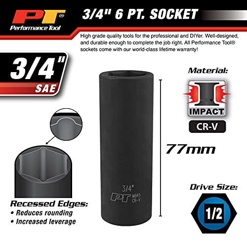 Image of Performance Tool M845 1 /2 Drive Impact Socket, 3 /4-Inch Drive, 6-Point, Deep, Chrome Vanadium Steel Construction for Heavy-Duty Jobs