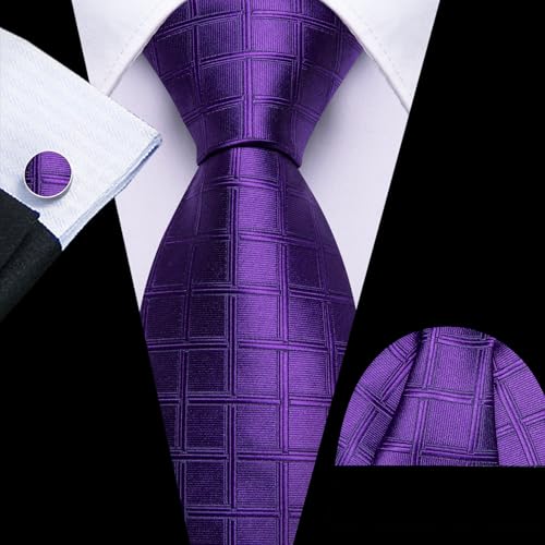 Image of Barry.Wang Plaid Ties Check Mens Necktie Set with Handkerchief Cufflinks Classic Stripe