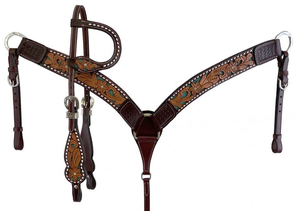 Western Horse - Testiera per cavallo, briglia, pettorale, redini, puntine, in pelle, con lavorazione floreale, realizzata a mano, corazza completa per pony, ME-HBC-065 (cob)