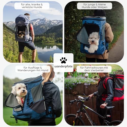 Wanderpfote Hunderucksack bis 12kg - Modell Daypack, Größe M, Blau - Premium Rucksack für kleine bis mittelgroße Hunde mit Höhenverstellbarem Tragesystem und viel Raum für den Hund