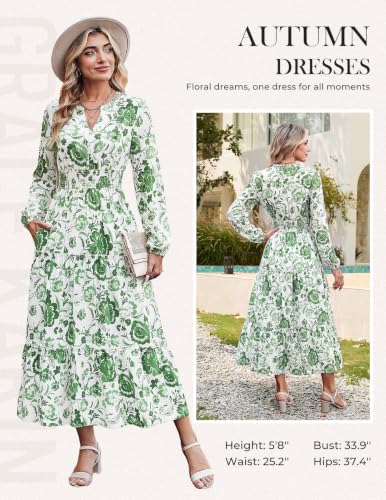 Image of GRACE KARIN Women's Floral Maxi Dress 2026 Fall Long Sleeve V Neck Empire Waist A Line Flowy Dress with Pocket