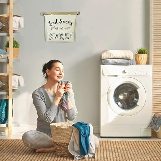 Laundry Room Wall Decor Lost Socks Canvas Basket Wall Hang Storage, Organization Bag, Missing Socks Sorter