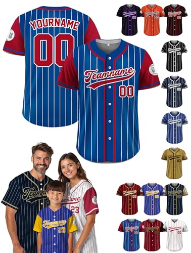 Custom Baseball Jersey, Modern Pinstripe Shirt, S-7XL, Blue & Red Raglan