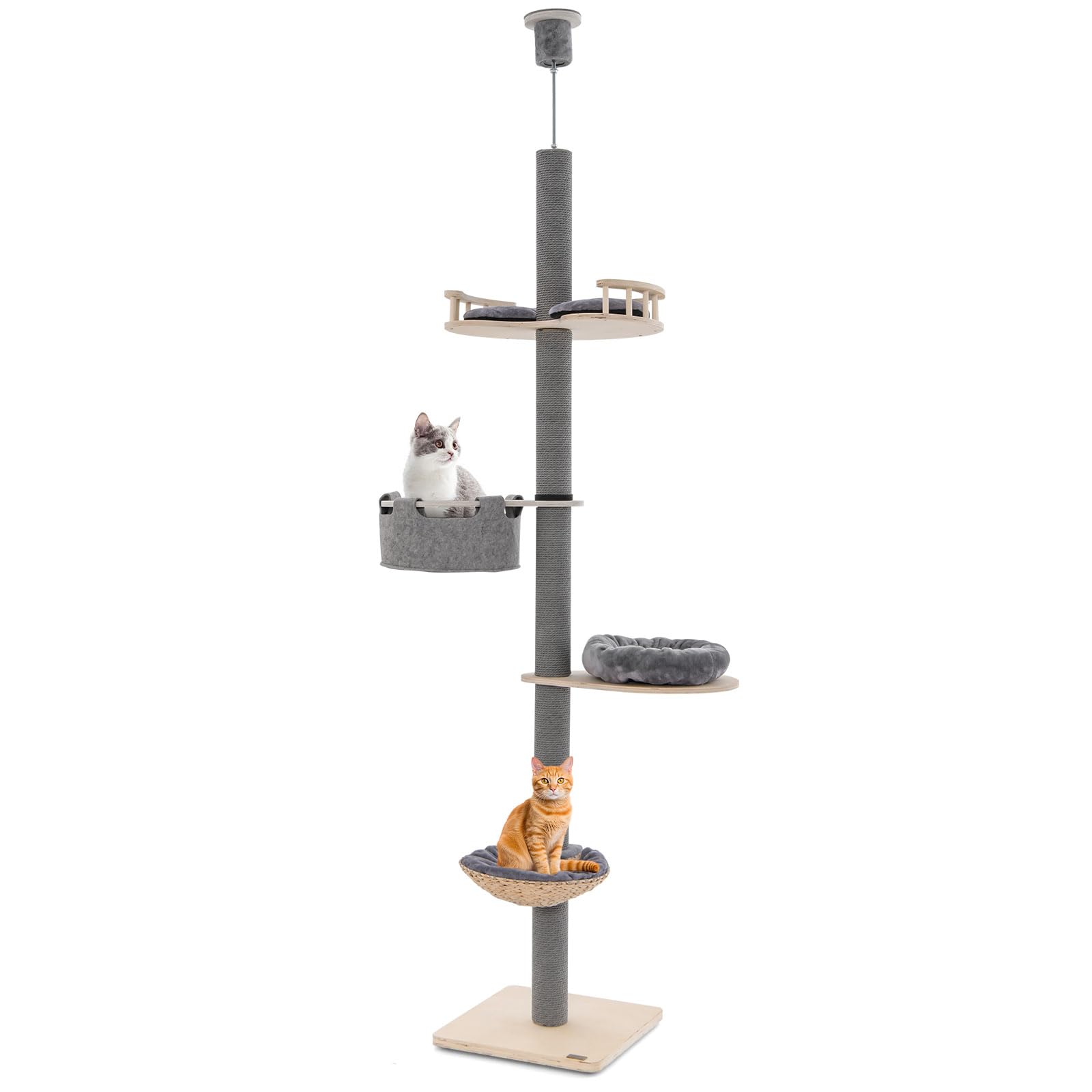 FANTASK Kratzbaum deckenspanner, 236-271 cm, 5 Etagen bis zur Decke reichender Katzenturm, Katzenkratzbaum mit Hängematte & Korb & Bett, Katzen Katzenmöbel Holz (Grau)