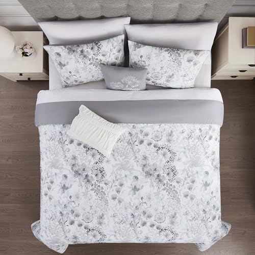 Image of Modern Threads 5-Piece Printed Comforter Set, Giverny King in White Grey Blue - Soft Comforter, 2 Pillow Shams, and 2 Decorative Pillows