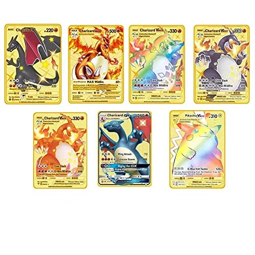 Pokemon Cards,Charizard Pokemon Metal Gold Plated Card-Ultra Rare Pokemon Cards Metal Card V/Vmax/EX/DX Collection Cards Gifts for Kids (7Pcs)