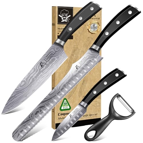 Essential Kitchen Knife Set, 4 Pcs Professional Damascus Pattern Chef Knives Set without Block, German Stainless Steel Sharp, for Bread, Meat Cutting, Fruits, Vegetable, Bbq, Home Cooking, Gift Box