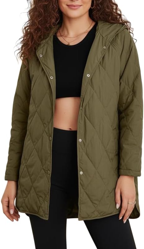 Women's Winter Quilted Jackets Casual Long Sleeve Diamond Puffer Hooded Jacket Button Outerwear Coats with Pockets