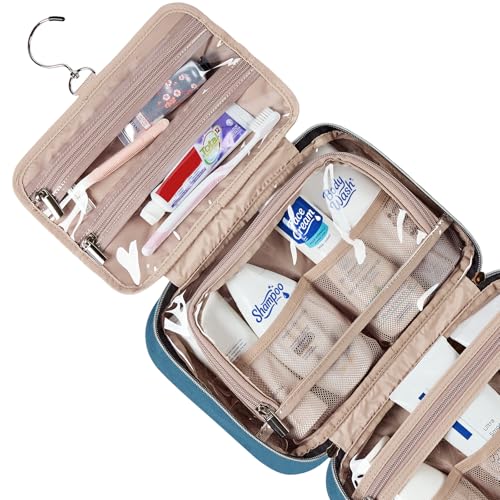 Image of NISHEL Travel Toiletry Bag for women, Portable Hanging Organizer for Travel-Sized Shampoo, Conditioner, Brushes Set, Makeup Accessories, Medium Size, Lake-Blue