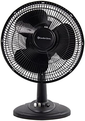 Comfort Zone CZ121BK 12” 3-Speed Oscillating Table Fan with Adjustable Tilt, Convenient Push Button Controls, Quiet Operation, Black