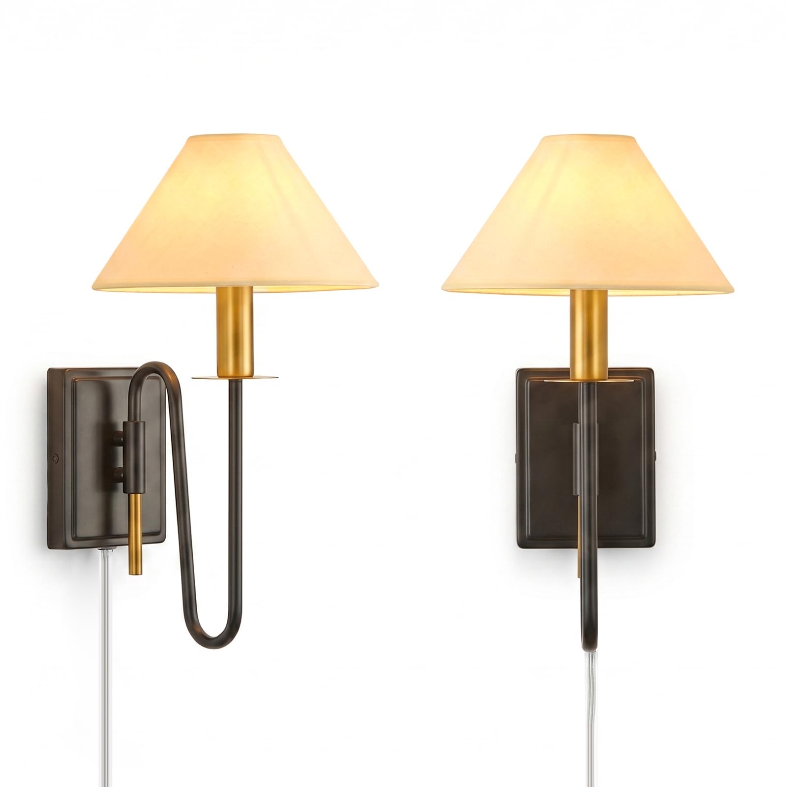 Photo 1 of Black Plug in Wall Sconces Set of 2, Best Boho Wall Lamp, Hardwired Installation Wall Lights with Beige Fabric Shade for Wall Painting,Modern Living Room, Bedroom, Hallway,Led Bulbs Included