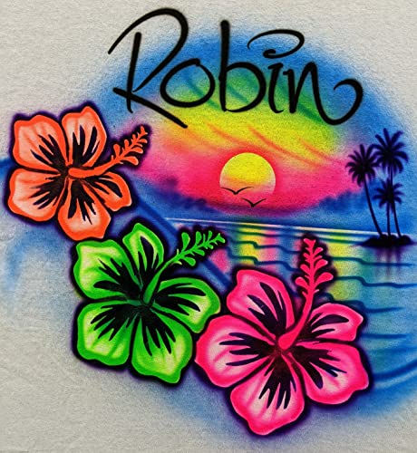 Airbrushed Beach, Hibiscus, Palms & Sunset T Shirt, Personalized with Name4