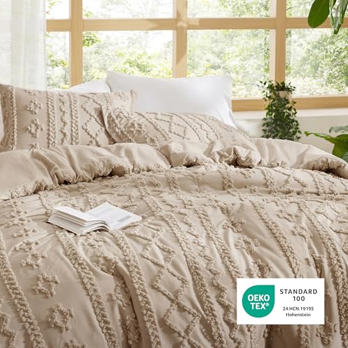 Image of Bedsure Tufted Boho Comforter Set Full Size - Light Brown Boho Bed Set, GentleSoft 3 Pieces Farmhouse-Style Embroidery Bedding, Gifts for Woman, Soft Jacquard Kids' Full Comforter for All Seasons