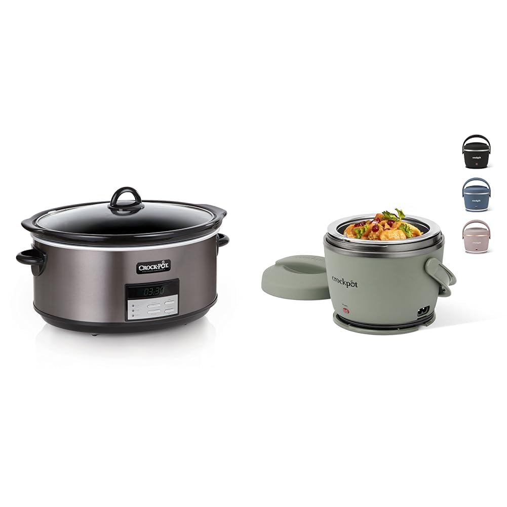 Crock-Pot Large 8 Quart Programmable Slow Cooker with Auto Warm Setting and Cookbook Electric Lunch Box