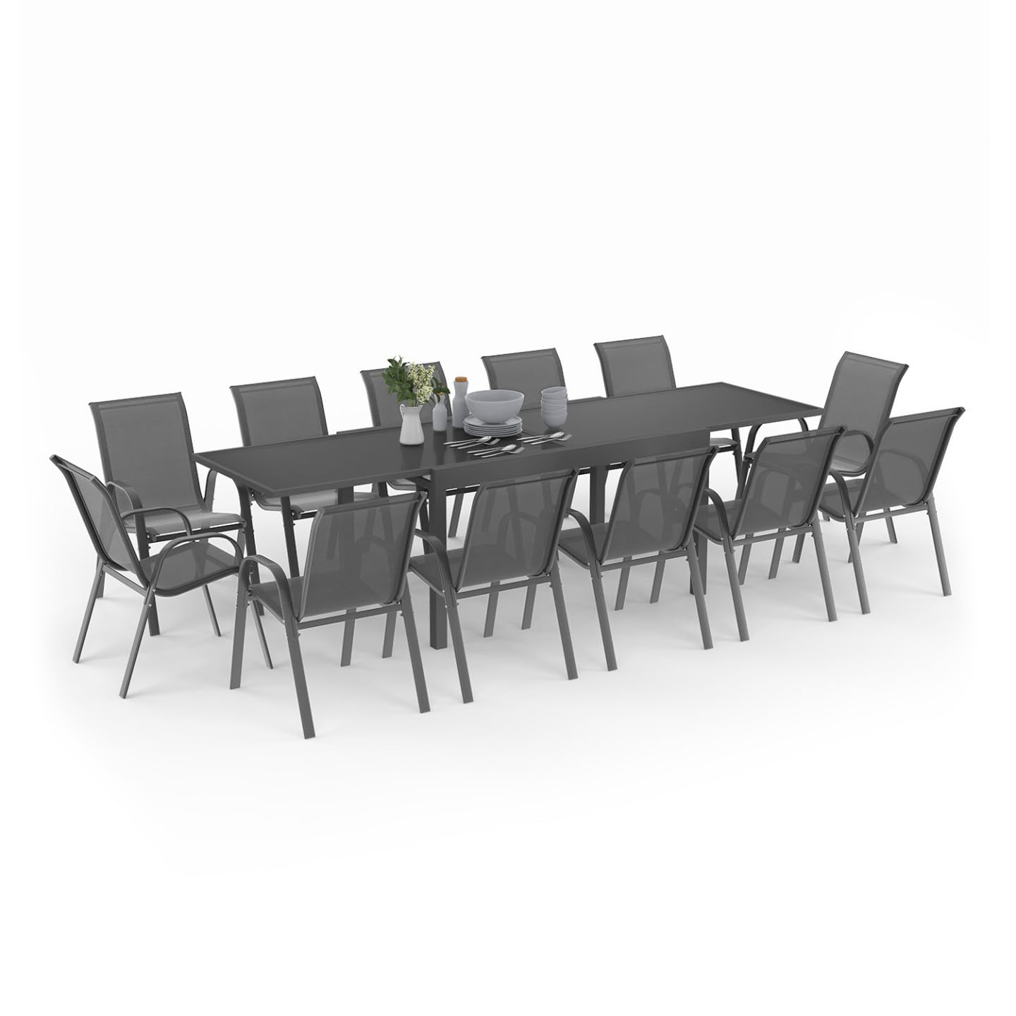IDMarket - Muebles de jardín Madrid, extensible, mesa gris, 135-270 cm y 12 sillas apilables, gris antracita