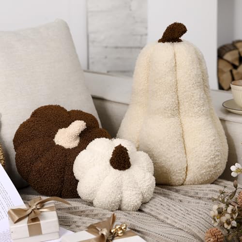 Beeveer 3 Pcs Fall Thanksgiving Pumpkin Pillows Sherpa Plush Stuffed Pumpkin Throw Pillows Soft Autumn Cushion Neutral Cozy Thanksgiving Decor for Home Bedroom Sofa Couch Living Room(Vivid Color)