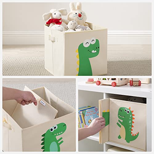 SONGMICS Aufbewahrungsbox, 3er Set, Aufbewahrungskorb, Spielzeugaufbewahrung, Stoffboxen, 30 x 30 x 30 cm, faltbar, mit Griffen, Schlafzimmer, Spielzimmer, Dinosaurier-Motive, beige RFB704W03