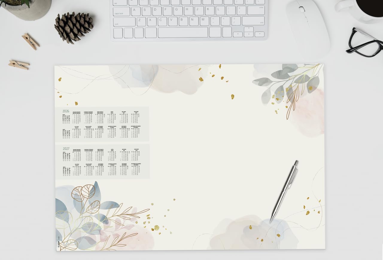 SIGEL H6304 Paper Desk pad- Leaves - Gold/Rose/Blue - Approx. A2-2026/2027 - DE/EN/FR/NL - 30 Sheets - FSC-Certified - Image 2