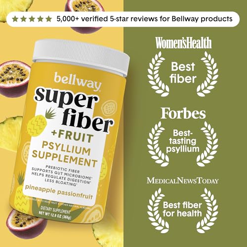 Image of Bellway Super Fiber Powder + Fruit, Sugar Free Organic Psyllium Husk Powder Fiber Supplement for Regularity, Bloating Relief & Digestive Health, Plant-Based, Pineapple Passion Fruit (50 Servings)