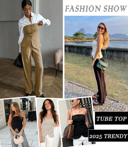 Yousify Womens Strapless Smocked Tube Top Sleeveless Button Fitted Blazer Vest 2025 Work Business Casual Tank Tops4