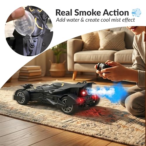 Image of Remote Control Batmobile with Mist Spray, High-Speed LED RC Car, USB Rechargeable, Racing Toy for Boys & Girls 3+, Black