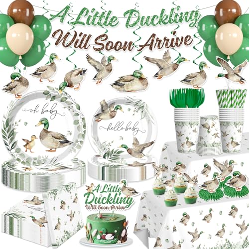 205 Pcs Mallard Duck Baby Shower Decorations, Mallard Duck Decor Set Serves 25 - Balloons, Banner, Cake Toppers, Plates, Napkins, Tablecloth for Malla