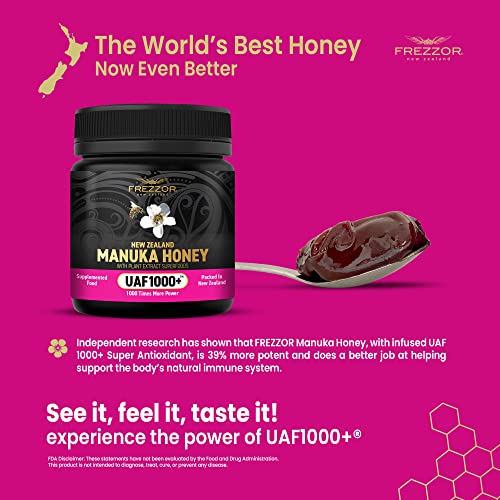 Frezzor Premium 100% Raw New Zealand Manuka Honey With Uaf1000+ Super Antioxidant, 30% More Bioactive, Best Support For Everyday Wellness, Antioxidant Superfood, 1 Jar (8.8Oz/250G) #TOP4