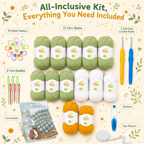 Image of Coopay Crochet Kit for Beginners Adults, Large Granny Square Blanket Kit | Step-by-Step Guide Book & Video Tutorial, 1200g Anti-Pilling Yarn, Ideal Crochet Gift for Family & Beginners