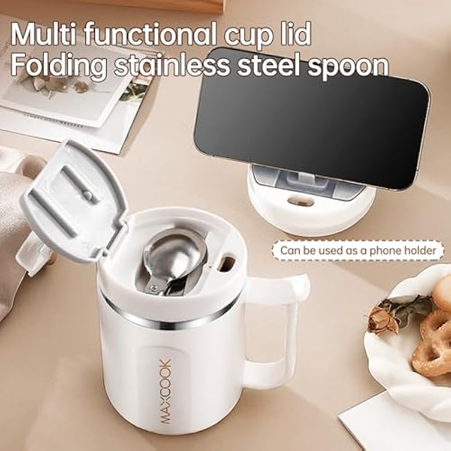 16 oz Coffee Mug With Lid 18/8 Stainless Steel Reusable Insulated Coffee Travel Mug With Foldable Spoon Grey Lid
