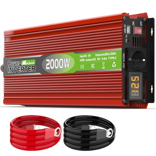 2000W Wechselrichter 12V auf 230V Spannungswandler Konverter Power Inverter Spitzenleistung 4000W mit EU Steckdosen USB/Type-C und LED Anzeige Umwandler für LKW Camping Haushaltsgeräten