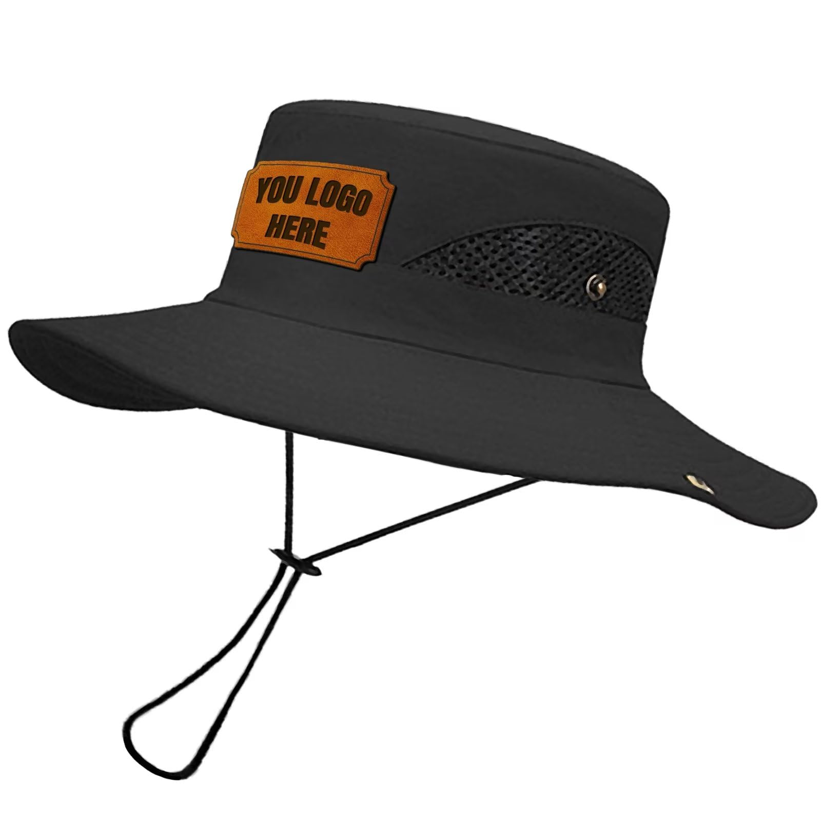 Custom Leather Patch Sun Hat Wide Brim Fishing Hat Wholesale Price Bucket Hat. Black