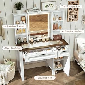 Usikey farmhouse makeup vanity desk with mirror and lights glass tabletop makeup vanity with adjustable shelves vanity table set with 2 drawers and side cabinet for bedroom white  urban country home decor
