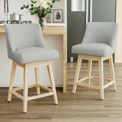 Image of Swivel Counter Height Bar Stools Set of 2, Modern Fabric Swivel Barstools with Contoured Back and Solid Wood Legs, Upholstered Counter Stool Bar Chairs for Kitchen Island, Home Bar, Grey