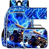 UFNDC 3 peças de mochila escolar de caminhão para meninos, conjunto de mochila infantil com Lightning Bookbag e lancheira, 43 cm resistente à água para adolescentes do ensino fundamental e médio