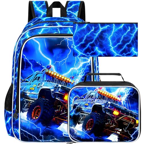 UFNDC 3 peças de mochila escolar de caminhão para meninos, conjunto de mochila infantil com Lightning Bookbag e lancheira, 43 cm resistente à água para adolescentes do ensino fundamental e médio